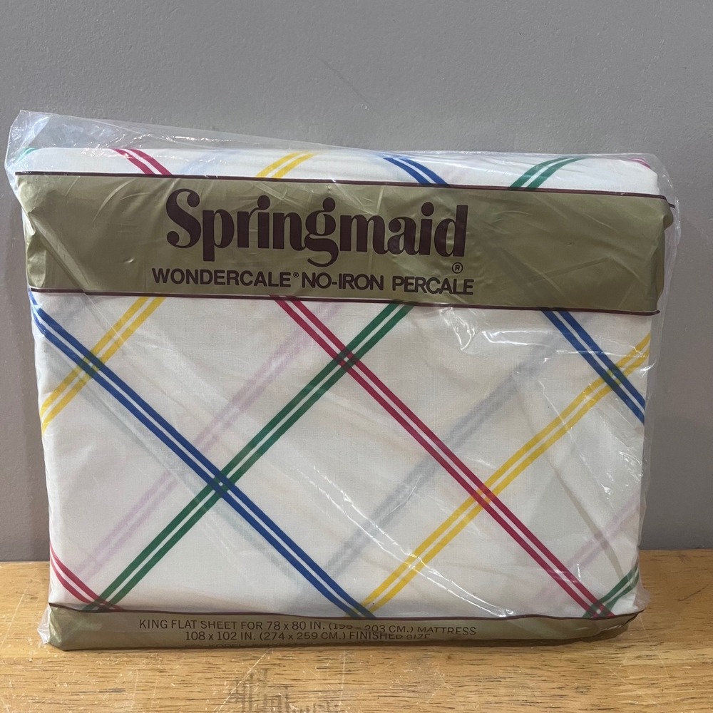 Vtg 80s Springmaid Wondercale King Flat Sheet Primeline Rainbow Grid‎ Geometric
